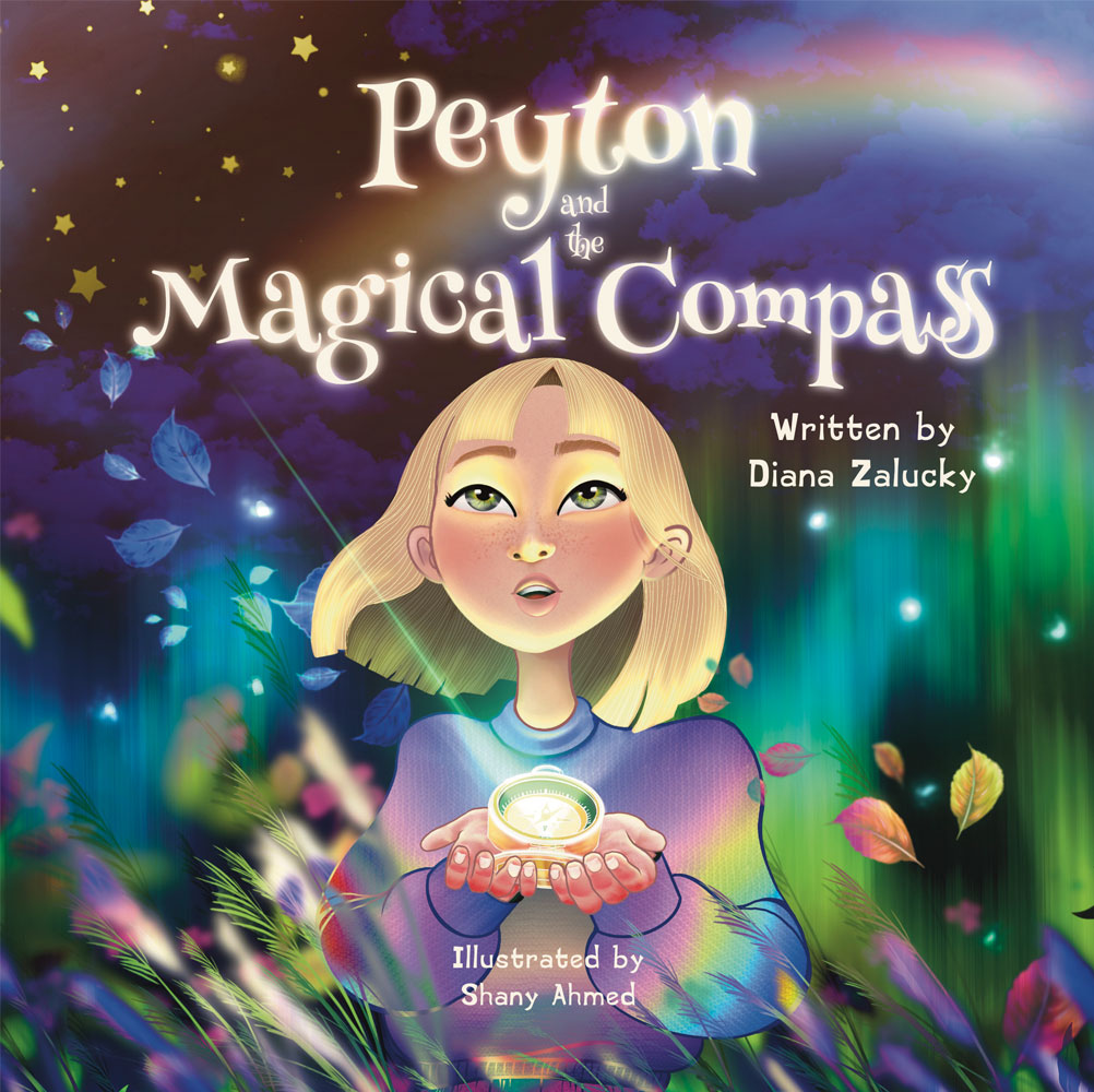 Peyton and the Magical Compass book cover. Young girl with blonde hair holding a glowing compass. Rainbow and mystical, multicolour background.